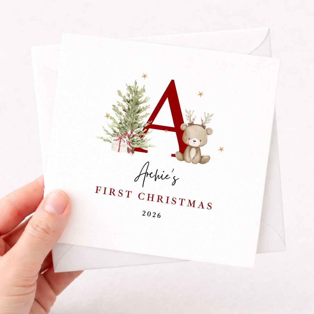 Personalised Bear Reindeer Initial My First Christmas Card