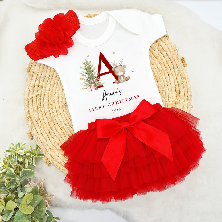 Personalised Bear Reindeer Initial My First Christmas Red Tutu &amp; Vest Set