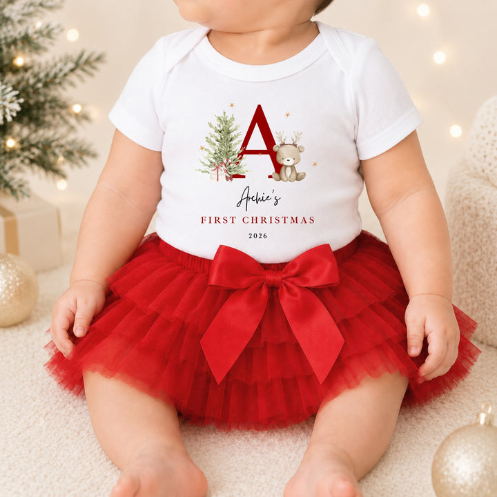 Personalised Bear Reindeer Initial My First Christmas Red Tutu &amp; Vest Set