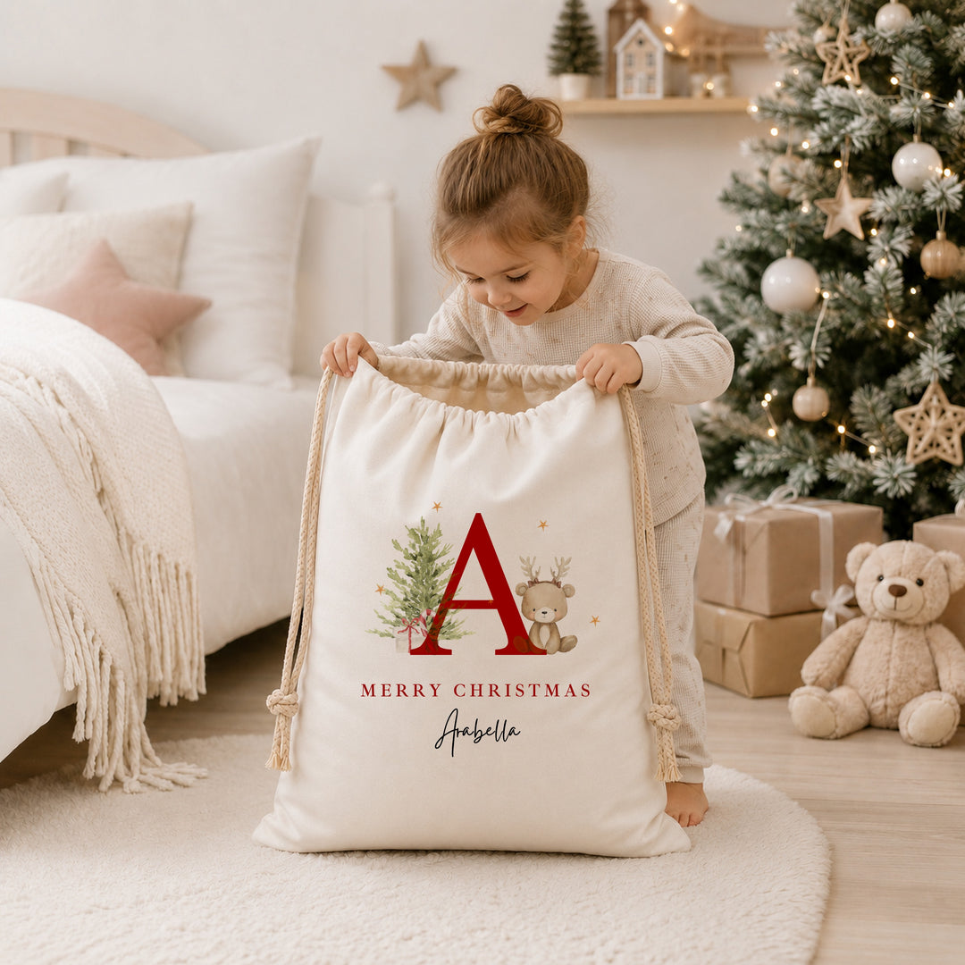 Personalised Bear Reindeer Initial My First Christmas Canvas Santa Sack