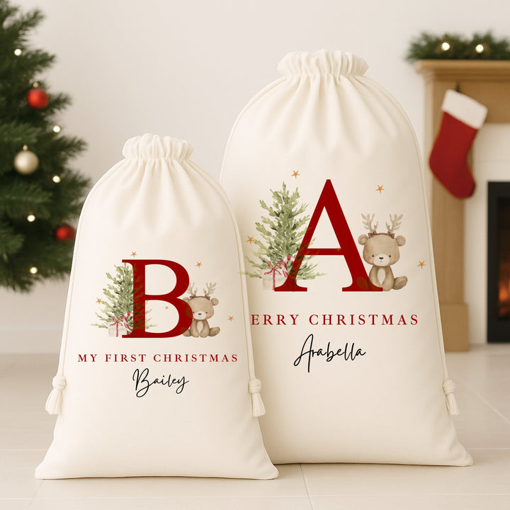 Personalised Bear Reindeer Initial My First Christmas Canvas Santa Sack