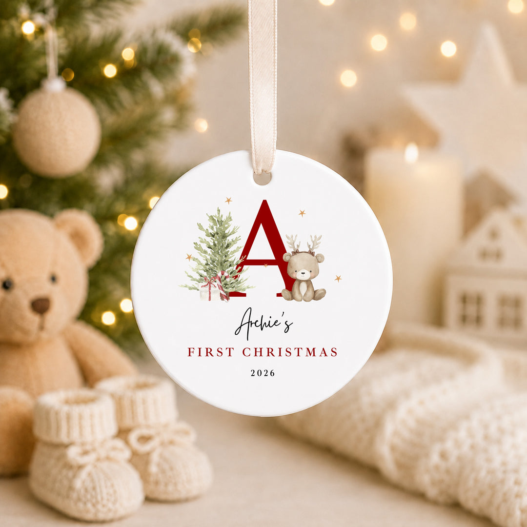 Personalised Bear Reindeer Initial My First Christmas Ceramic Bauble