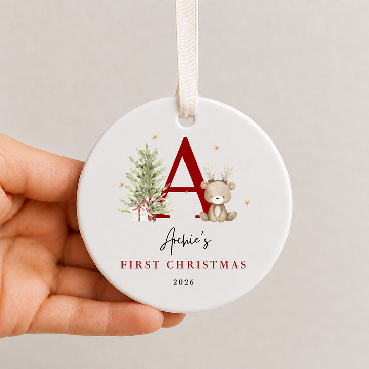 Personalised Bear Reindeer Initial My First Christmas Ceramic Bauble