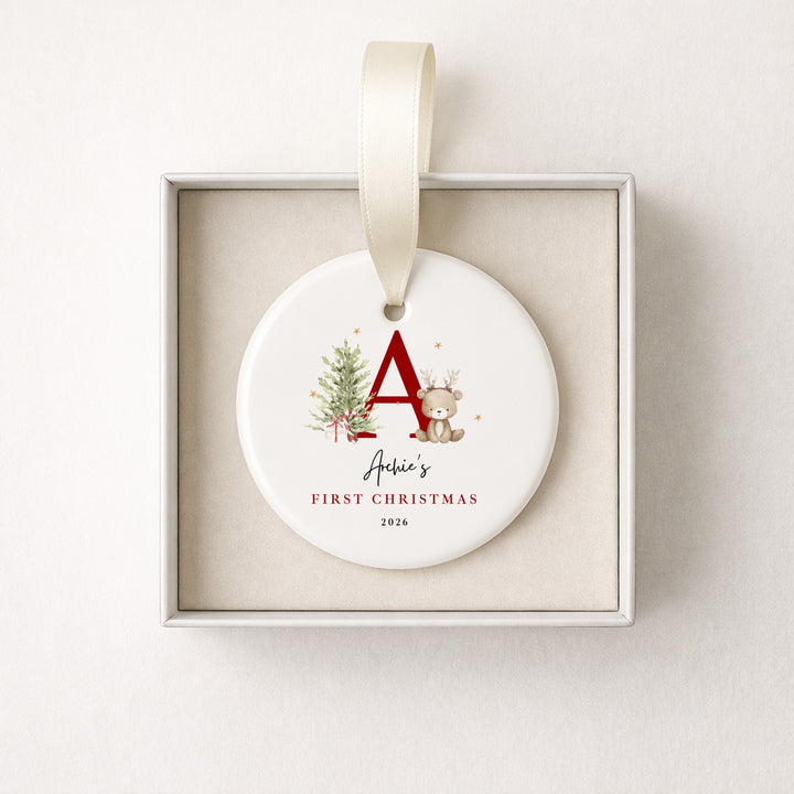 Personalised Bear Reindeer Initial My First Christmas Ceramic Bauble