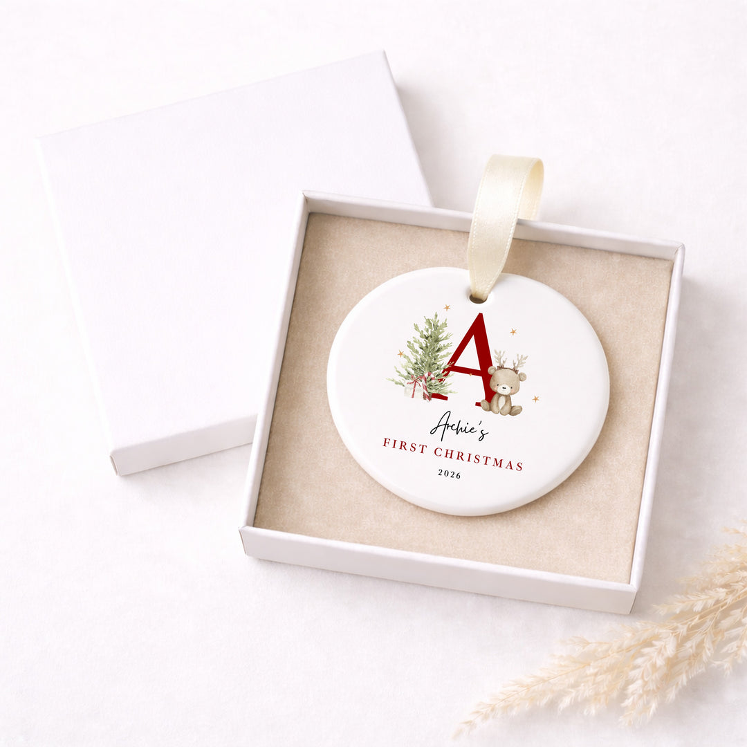 Personalised Bear Reindeer Initial My First Christmas Ceramic Bauble