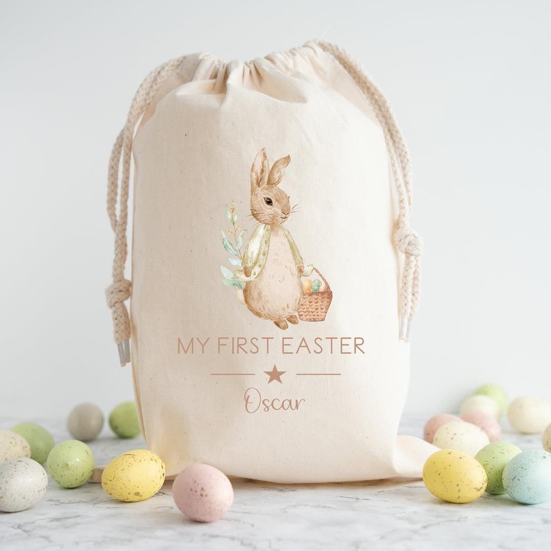 Personalised Happy Easter Beige Rabbit Treat Bag