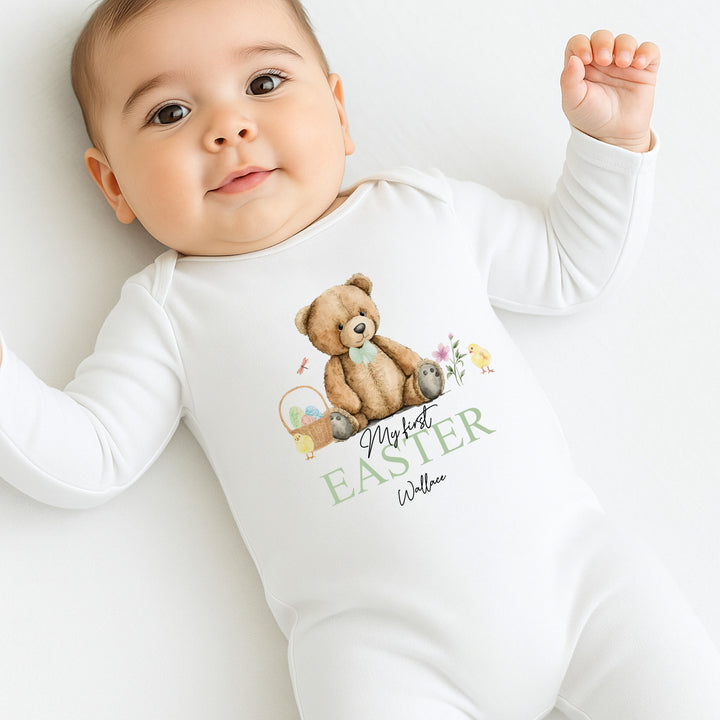Personalised Green Teddy Bear My First Easter Baby Grow, Vest or Bib