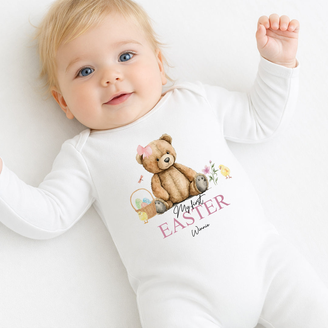 Personalised Pink Teddy Bear My First Easter Baby Grow, Vest or Bib