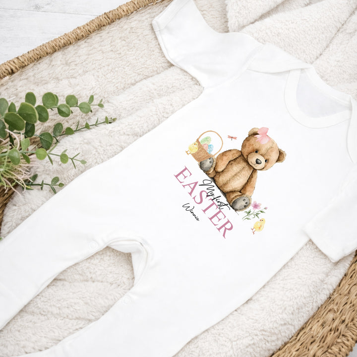 Personalised Pink Teddy Bear My First Easter Baby Grow, Vest or Bib