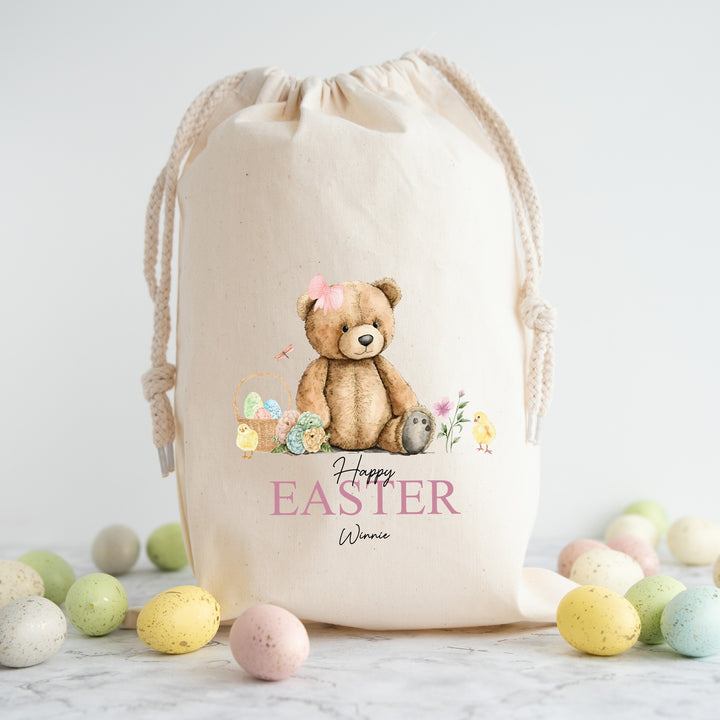 Personalised Happy Easter Pink Teddy Bear Treat Bag