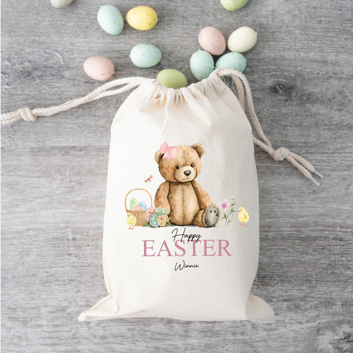 Personalised Happy Easter Pink Teddy Bear Treat Bag