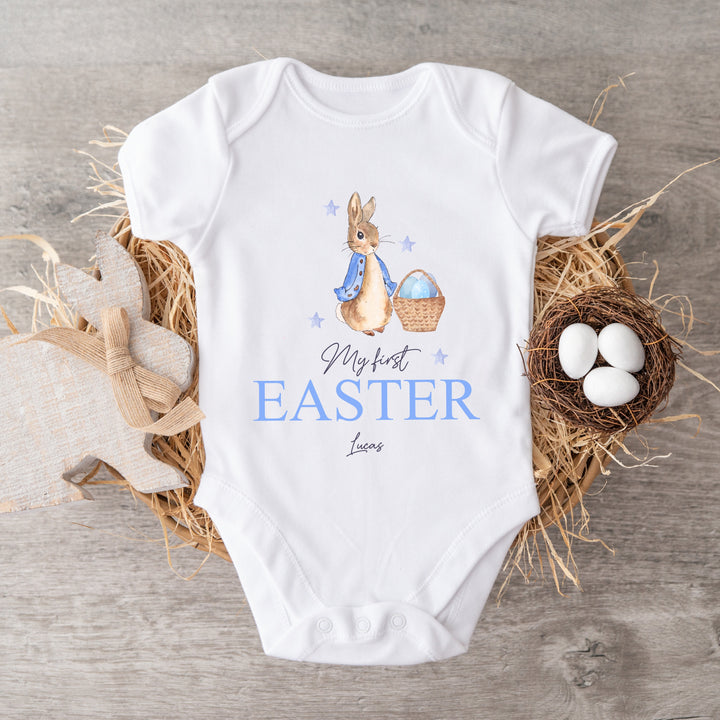 My First Easter Blue Rabbit White Babygrow/Vest