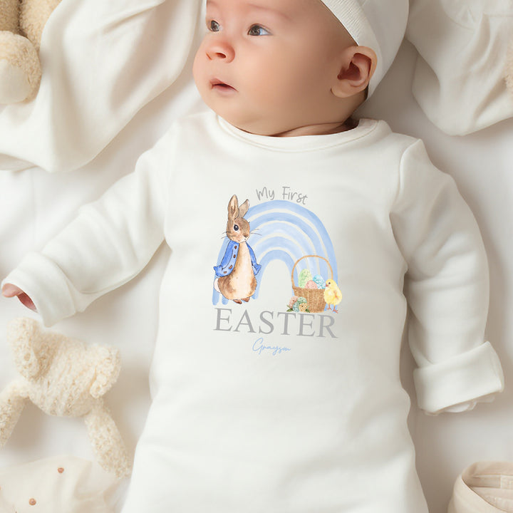 Personalised My First Easter Blue Rabbit Rainbow Babygrow/Vest