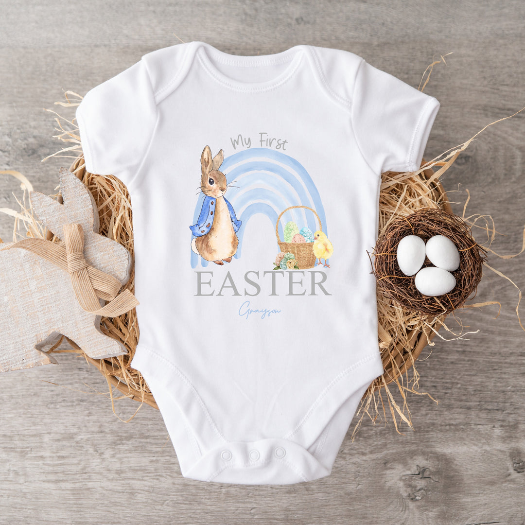 Personalised My First Easter Blue Rabbit Rainbow Babygrow/Vest