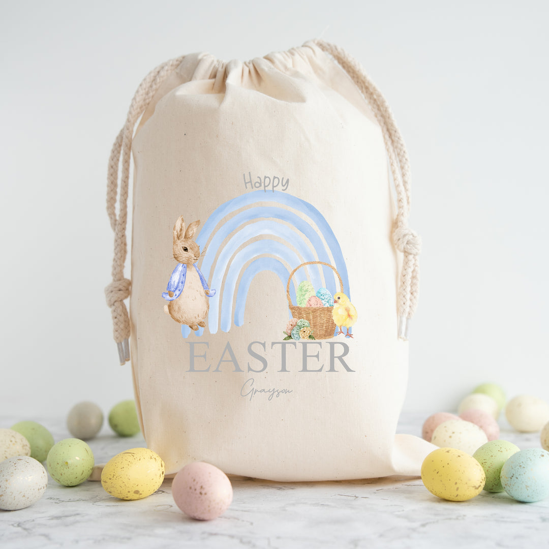 Personalised Happy Easter Blue Rabbit Rainbow Treat Bag