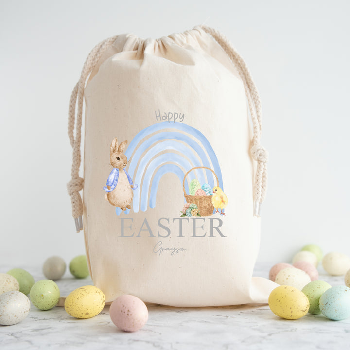 Personalised Happy Easter Blue Rabbit Rainbow Treat Bag