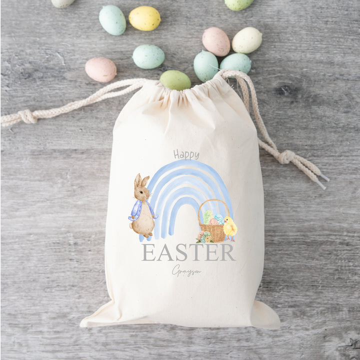 Personalised Happy Easter Blue Rabbit Rainbow Treat Bag