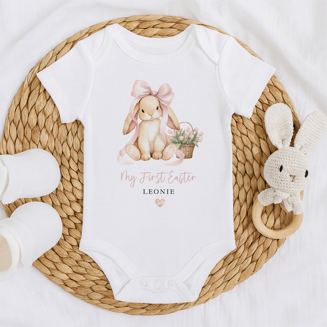 Personalised Pink Bunny Bow My First Easter Baby Grow, Vest or Bib