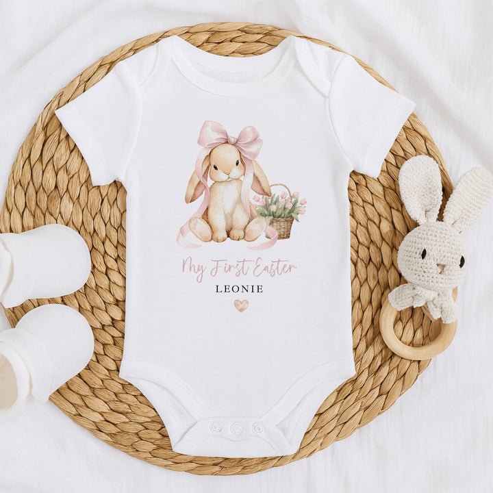 Personalised Pink Bunny Bow My First Easter Baby Grow, Vest or Bib
