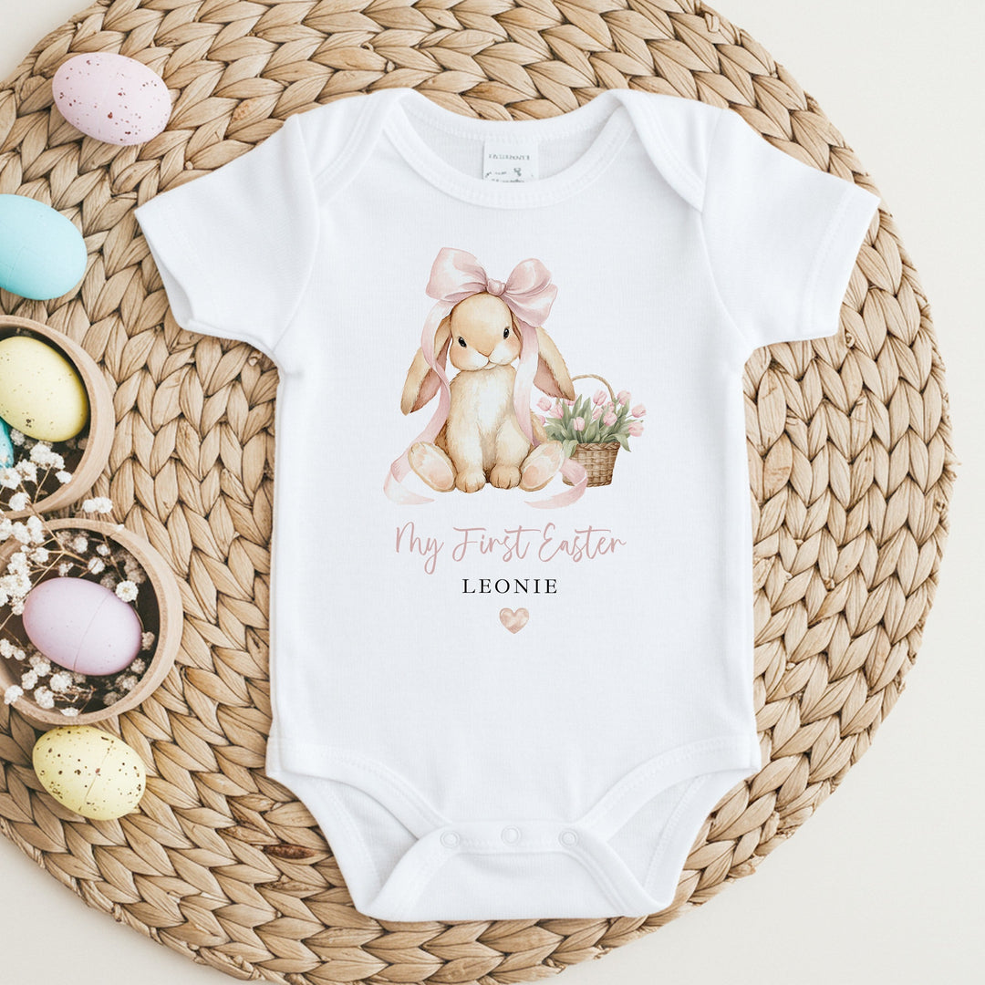 Personalised Pink Bunny Bow My First Easter Baby Grow, Vest or Bib