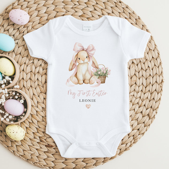 Personalised Pink Bunny Bow My First Easter Baby Grow, Vest or Bib