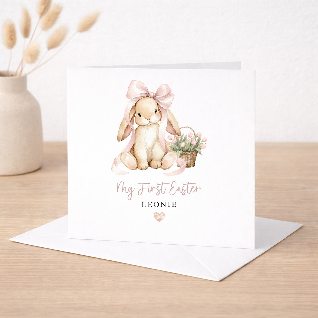 Personalised Pink Bunny Bow My First Easter Card