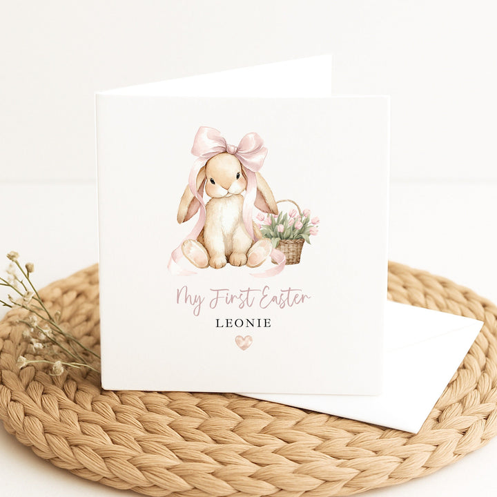 Personalised Pink Bunny Bow My First Easter Card