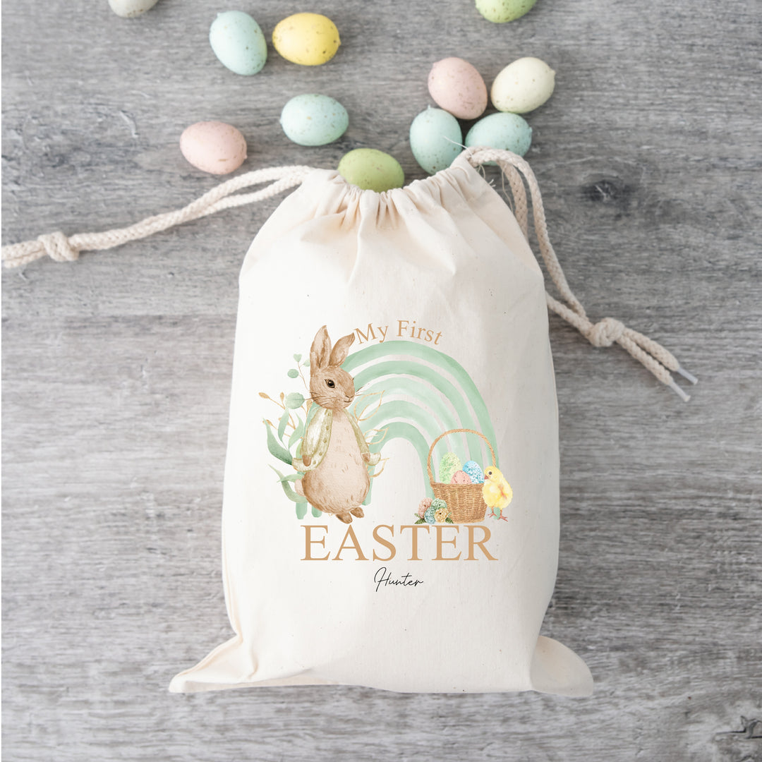 Personalised Happy Easter Green Rabbit Rainbow Treat Bag