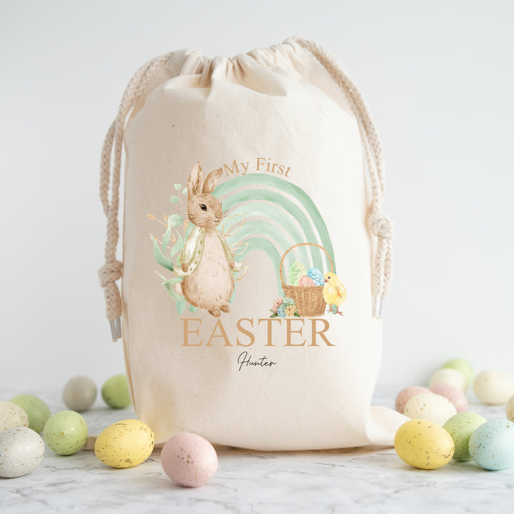 Personalised Happy Easter Green Rabbit Rainbow Treat Bag