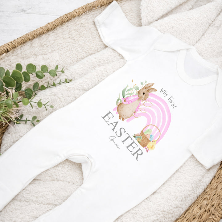 Personalised Pink Rabbit Rainbow My First Easter Baby Grow, Vest or Bib