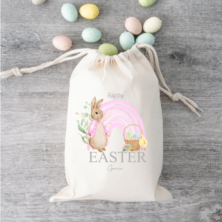 Personalised Happy Easter Pink Rabbit Rainbow Treat Bag