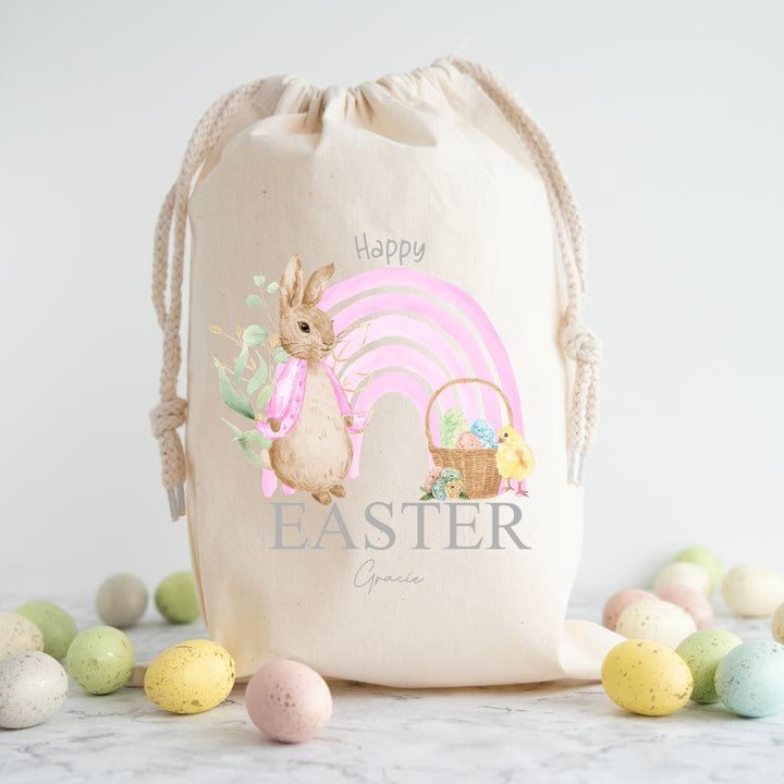 Personalised Happy Easter Pink Rabbit Rainbow Treat Bag