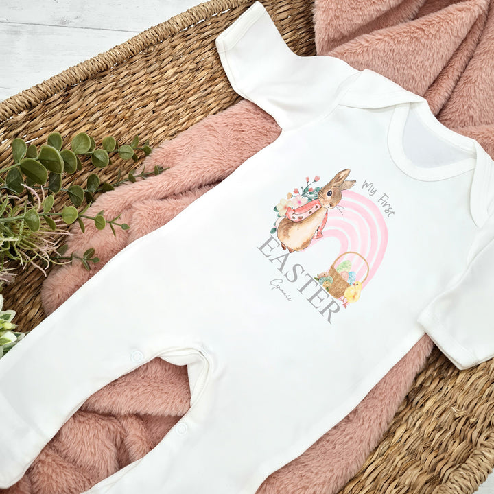 Personalised My First Easter Pink Rabbit Rainbow Babygrow/Vest