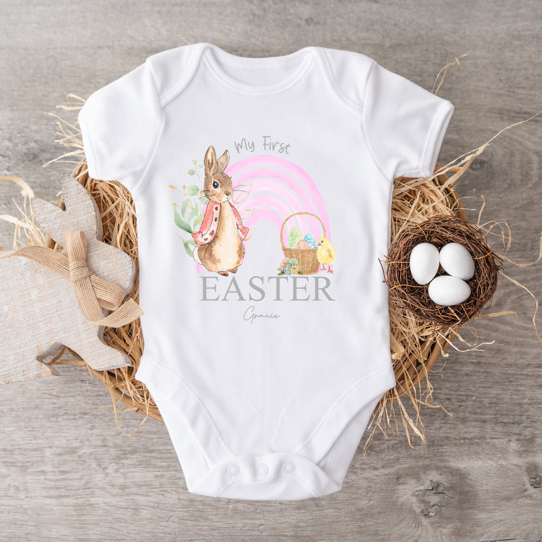 Personalised My First Easter Pink Rabbit Rainbow Babygrow/Vest