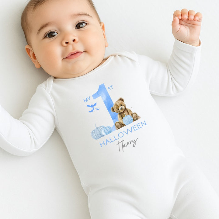 Personalised Blue Bear First Halloween Babygrow/Vest/Bib