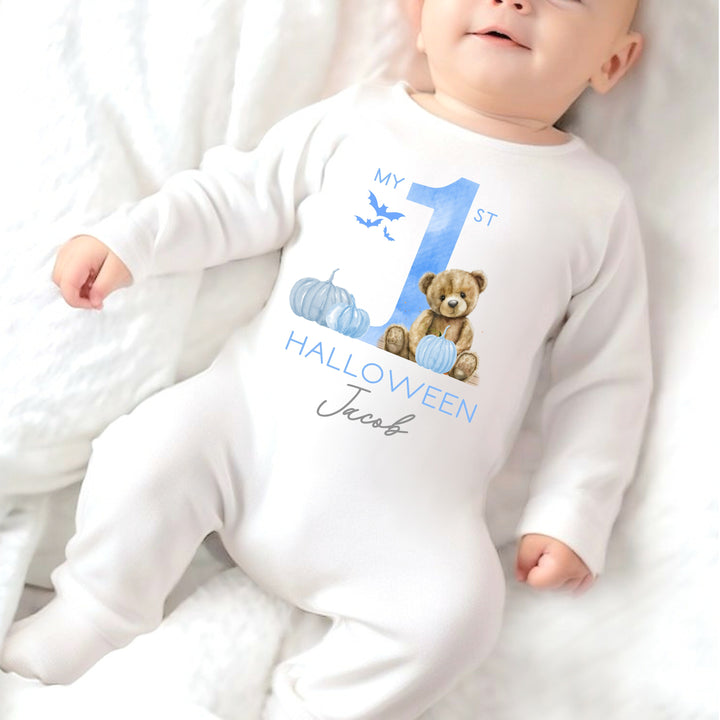 Personalised Blue Bear First Halloween Babygrow/Vest/Bib