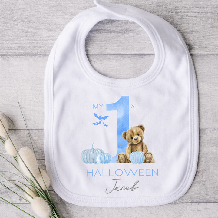 Personalised Blue Bear First Halloween Babygrow/Vest/Bib