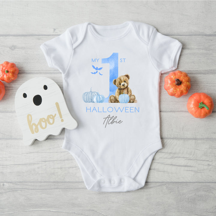 Personalised Blue Bear First Halloween Babygrow/Vest/Bib