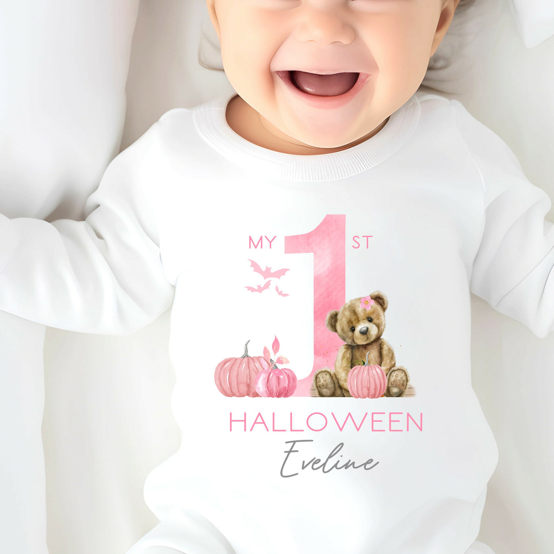 Personalised Pink Bear First Halloween Babygrow/Vest/Bibs