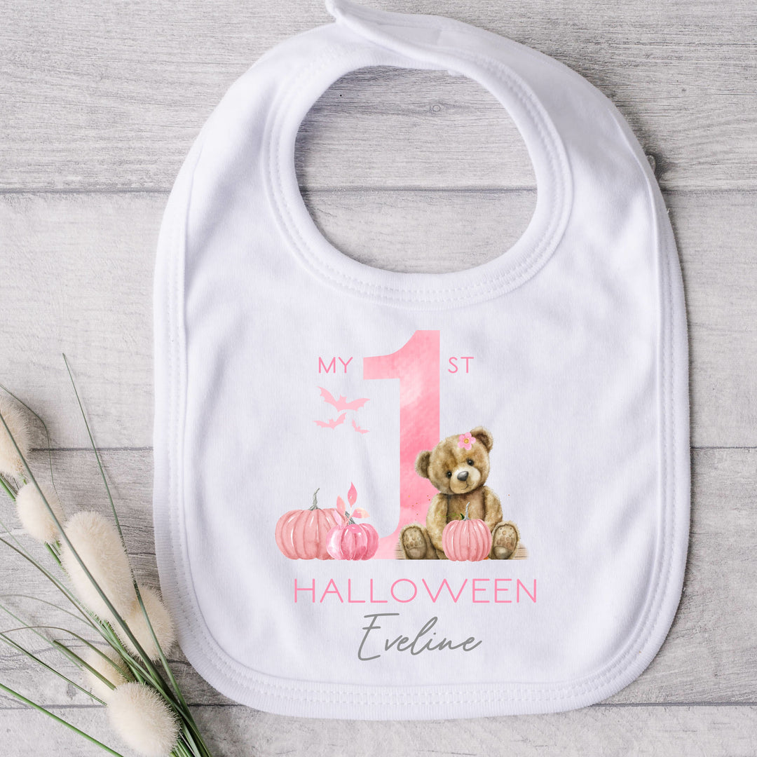 Personalised Pink Bear First Halloween Babygrow/Vest/Bibs