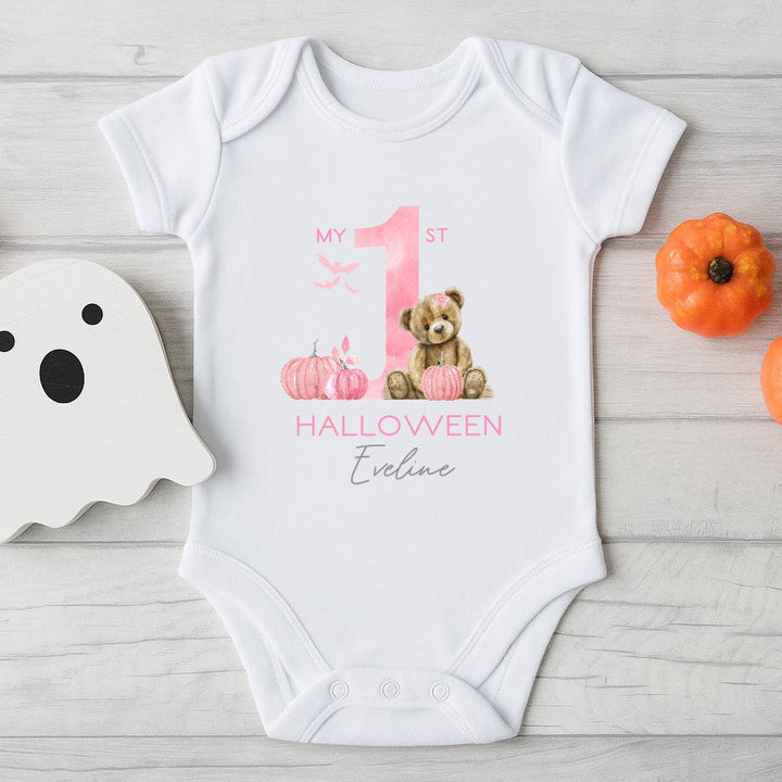 Personalised Pink Bear First Halloween Babygrow/Vest/Bibs