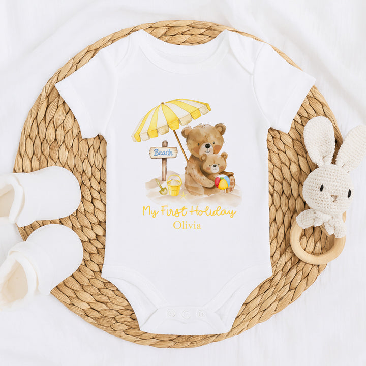 Personalised Yellow Bears My First Holiday Baby Grow or Vest