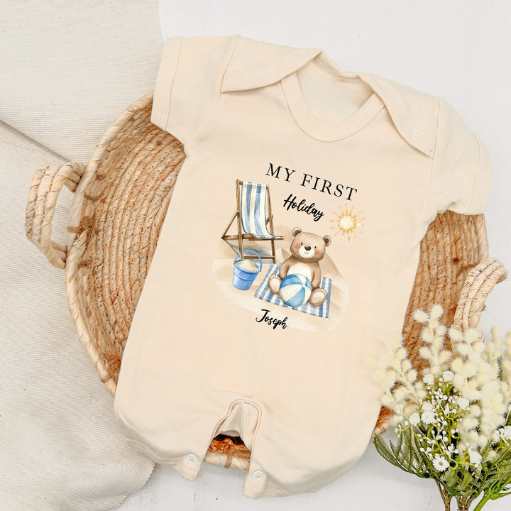 Personalised Blue Bear My First Holiday Romper