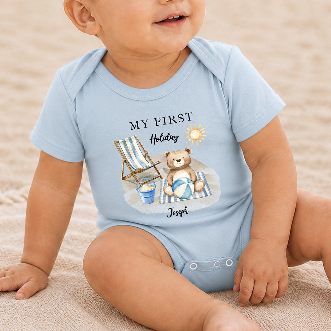 Personalised Blue Bear My First Holiday Romper