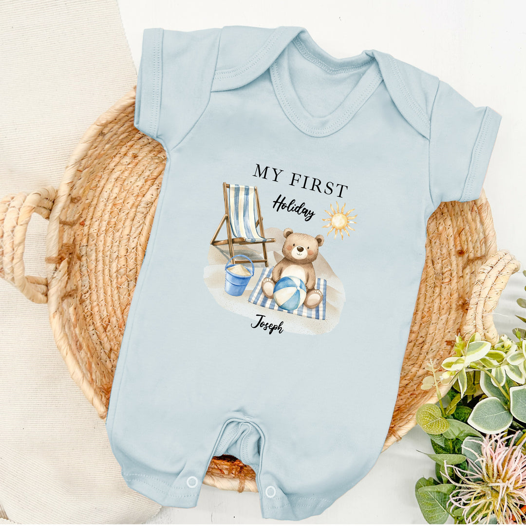 Personalised Blue Bear My First Holiday Romper