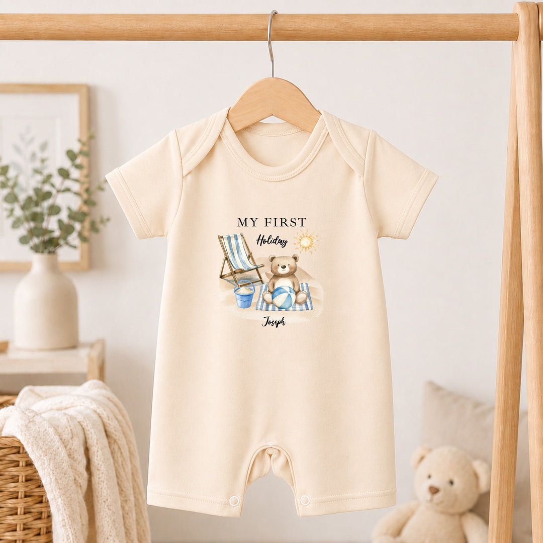 Personalised Blue Bear My First Holiday Romper