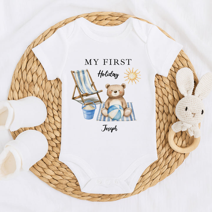 Personalised Blue Bear My First Holiday Baby Grow or Vest
