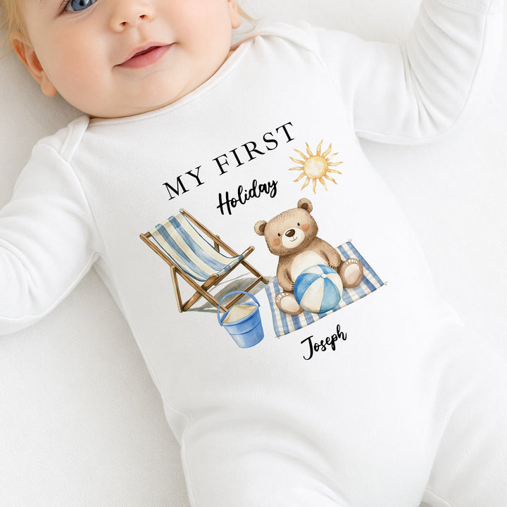 Personalised Blue Bear My First Holiday Baby Grow or Vest