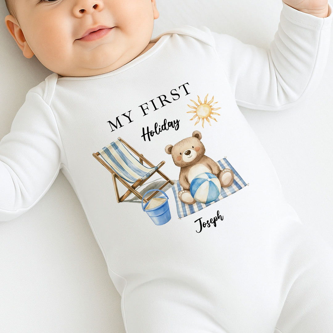 Personalised Blue Bear My First Holiday Baby Grow or Vest