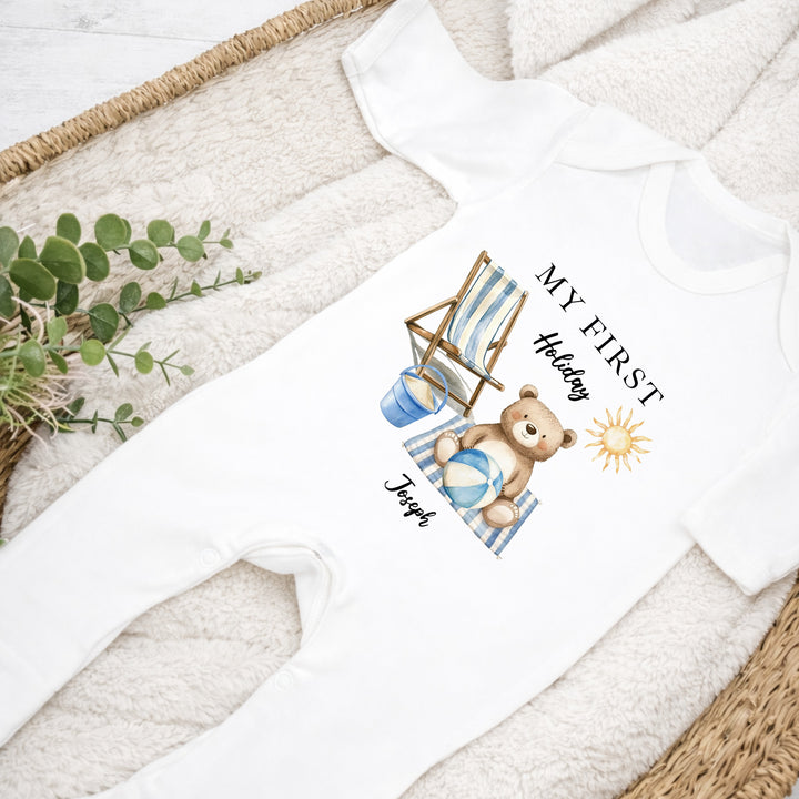 Personalised Blue Bear My First Holiday Baby Grow or Vest